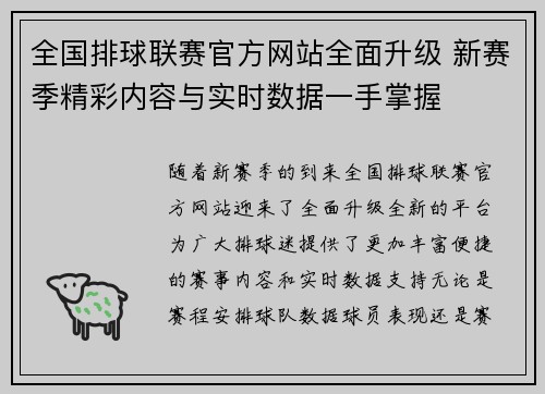 全国排球联赛官方网站全面升级 新赛季精彩内容与实时数据一手掌握
