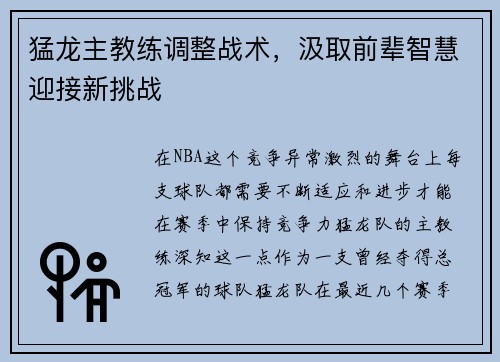 猛龙主教练调整战术，汲取前辈智慧迎接新挑战