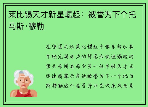 莱比锡天才新星崛起：被誉为下个托马斯·穆勒